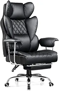 COMHOMA Big and Tall Office Chair, High Back Leather Gaming Chair with Footrest, Executive Ergonomic Office Chair with Pocket Spring Lumbar Support and with Outward Fixed Soft Armrests