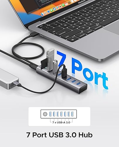 Miniatura 2 de ORICO Hub USB de aluminio de 7 puertos con cable de 1.64 pies, múltiples concentradores USB 3.0, transferencia de datos de 5 Gbps, puerto tipo C 5V