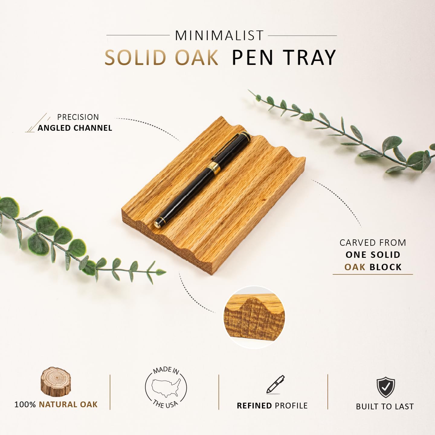 Solid Oak Pen Tray, Minimalist Desk Organizer, Natural Wood Pen Holder with Rounded Wavy Channel, Handcrafted Office Accessory