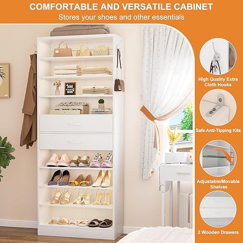 Miniatura 6 de Aheaplus Tall Shoe Cabinet, 10 Tiers Wood Shoe Rack, Vertical Shoe Storage Organizer with 2 Drawers, Narrow Shoe Shelf Tower for 24-28 Pairs, Space
