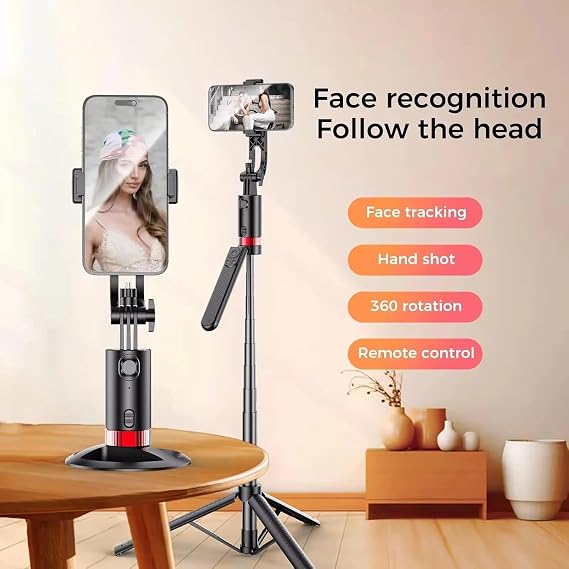 Coverzone Profesyonel Tripod ve Selfie Çubuğu, 360° Yapay Zeka Yüz Takibi, AI Hareketle Komut, 1/4 Vidalı, Canlı Yayın, Vlog, Fotoğraf, Uzaktan Kumandalı,180cm, JH18-2