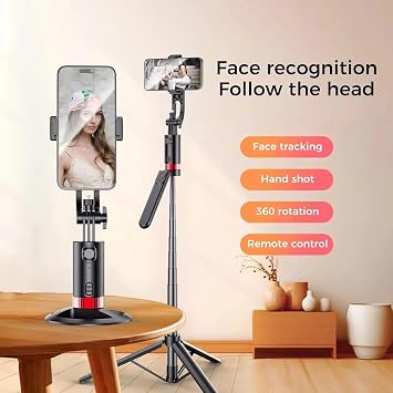 Coverzone Profesyonel Tripod ve Selfie Çubuğu, 360° Yapay Zeka Yüz Takibi, AI Hareketle Komut, 1/4 Vidalı, Canlı Yayın, Vlog, Fotoğraf, Uzaktan Kumandalı,180cm, JH18-2