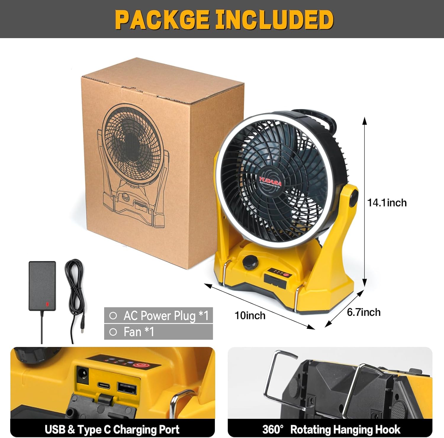 Battery Operated Fan for Dewalt 20V Max Battery, Camping Fan Cordless with Bright LED Light & Hook for Hanging, Variable Speed Portable Cordless Fan for Tent Office Travel Picnic Jobsite(Tool Only)