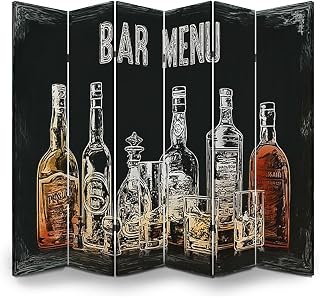 6 Panels Room Divider Screen for Bar menu Alcohol Drink Bottle Glass Beer Gin Wine Wood Folding Privacy Screen Partition Canvas Wall Divider Freestanding Portable Indoor Separator