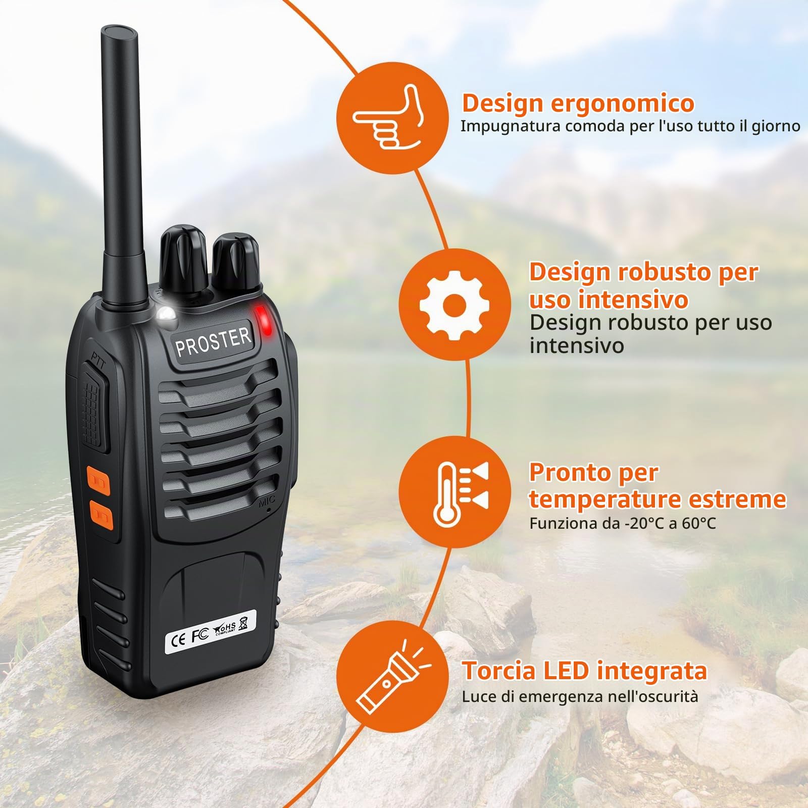 Proster Walkie Talkie Ricaricabili PMR446 Senza Licenza, Set da 3 Ricetrasmittenti Portatili a 16 Canali con VOX Mani Libere, Auricolari e Torcia LED per Lavoro, Softair, Outdoor e Famiglia