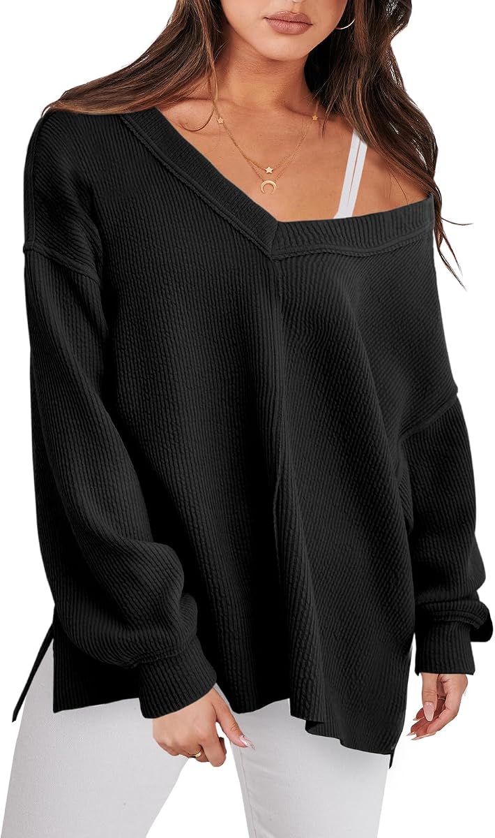 ANRABESS Oversized Sweatshirt for Women Off the Shoulder V Neck Sweater Top | Long Sleeve Shirts Loose Tunic Pullover, Drop Batwing High Low Hem, Fall Winter Casual Work Outfits Ladies