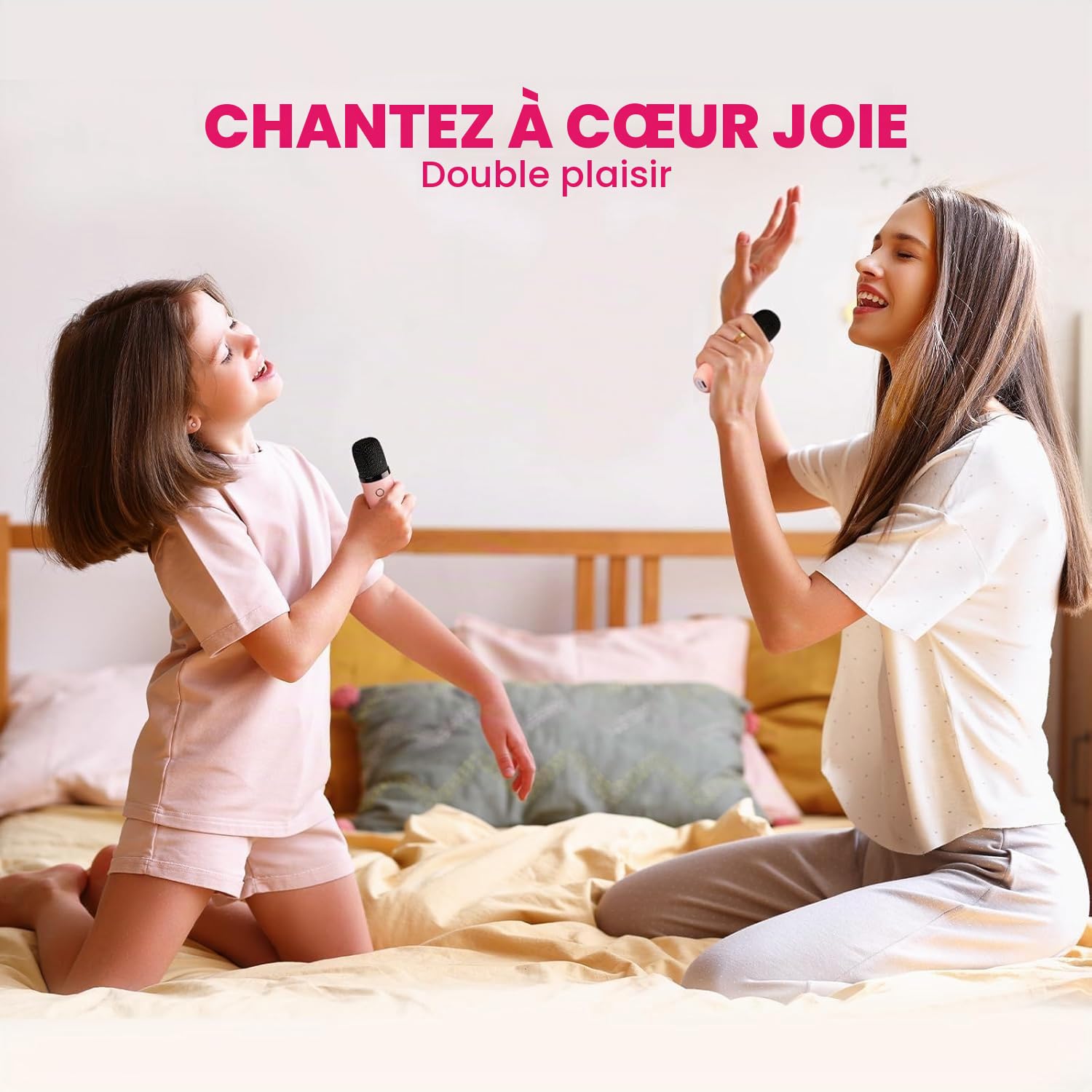 Micro Karaoke Enfant IROO Karaoke Enfant avec 2 Microphones, Microphone pour Filles Cadeaux pour Enfants Enceinte Bluetooth Portable avec Effets de Changeur de Voix et Lumières LED (Rose)