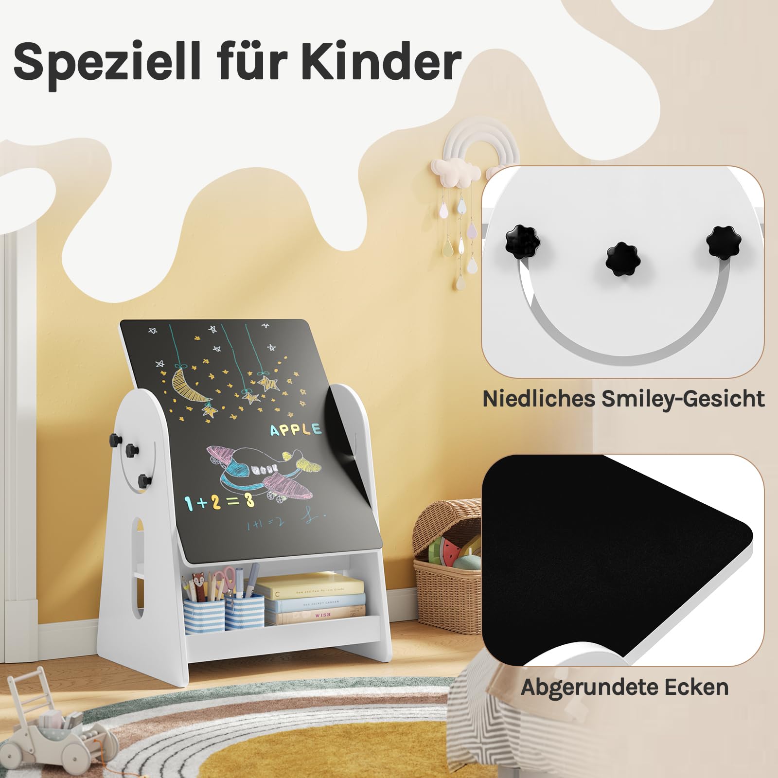 WOLTU Kindertisch mit 2 Stühlen, Kindertisch mit Stauraum, Innen 3 in 1 Maltisch/Tafeltisch mit Bücherregalen für Kinderzimmer, Vorschüler Kindersitzgruppe Indoor, Weiß