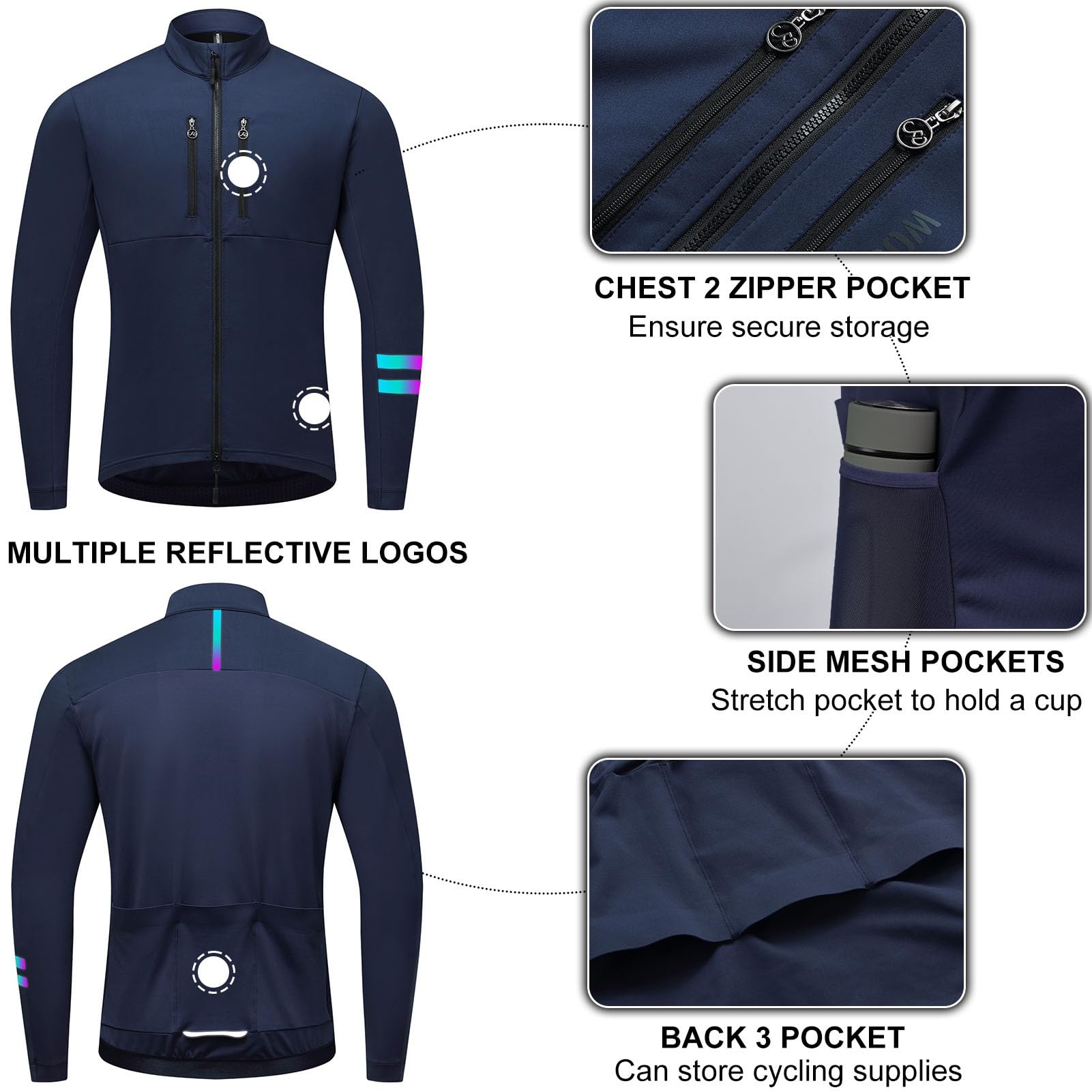 Zimowa męska kurtka rowerowa Ciepła Termiczna Wiatroszczelna Softshell Kurtka Sportowa Odblaskowa Kurtka z 2-kierunkowym zamkiem błyskawicznym