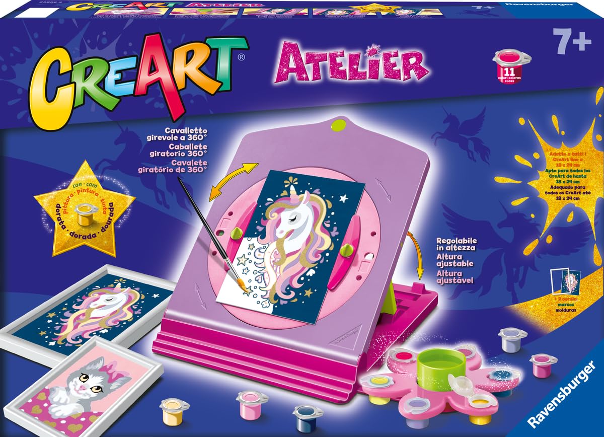 Ravensburger CreArt Atelier: Unicorno – Dipingere con i Numeri per Bambini 7+ Anni, Kit Pittura con Cavalletto Regolabile, Tutto Incluso, 2 Tavole, 2 Corince, Pennello e Colori, Idee Regalo