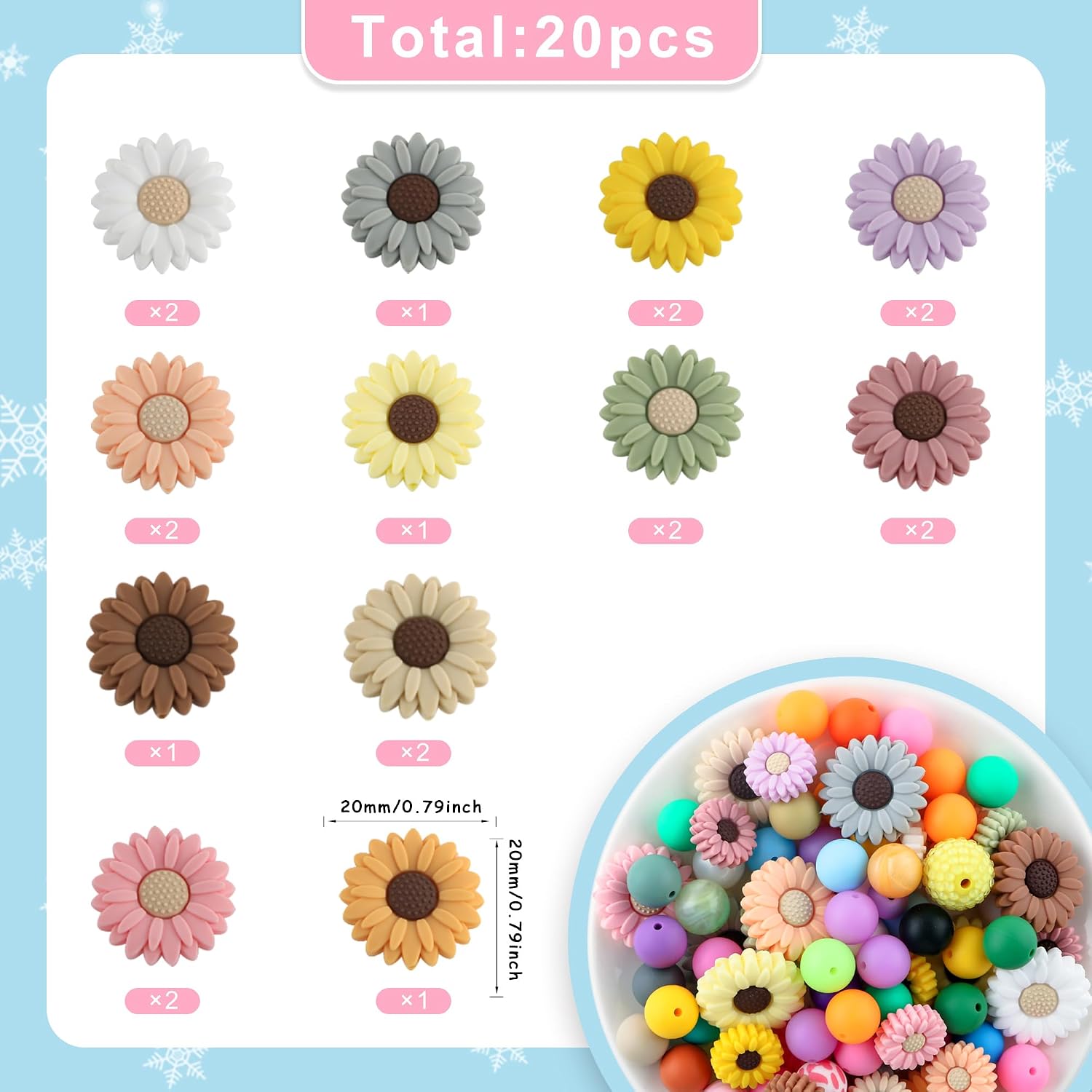 20mm Silicone Focal Beads for Pens, 20pcs Sunflower Silicone Beads for Keychain Making Bracelet Necklace Making DIY Craft（Multicolor）