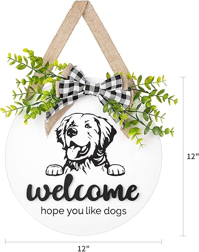 Miniatura 7 de Dahey Letrero rústico de bienvenida con eucalipto artificial para decoración de puerta delantera de perro redondo de madera Golden Retriever Hope
