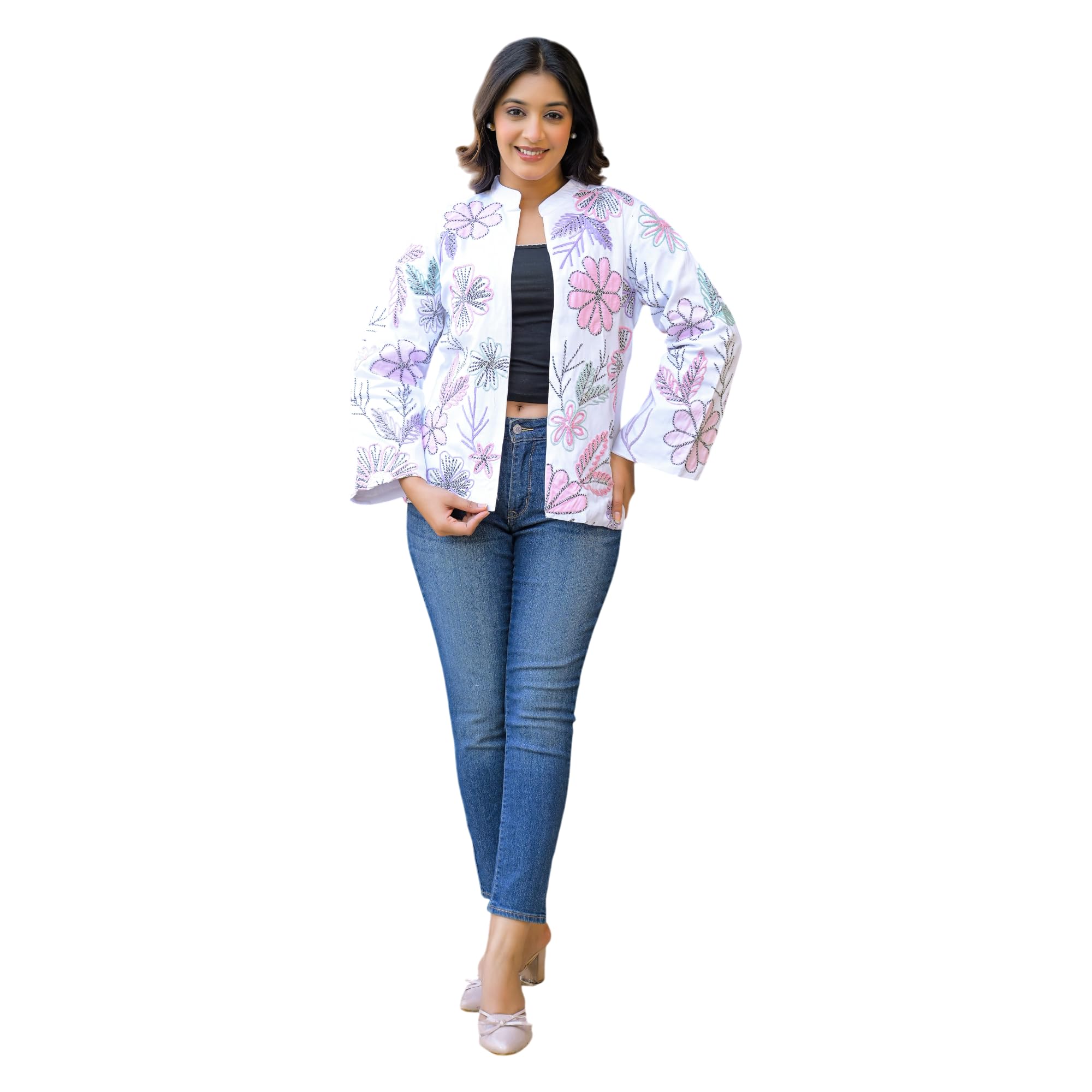 zolo label White Ethnic Floral Embroidered Jacket Elegant Stylish Designer Outfit Women-picture-13