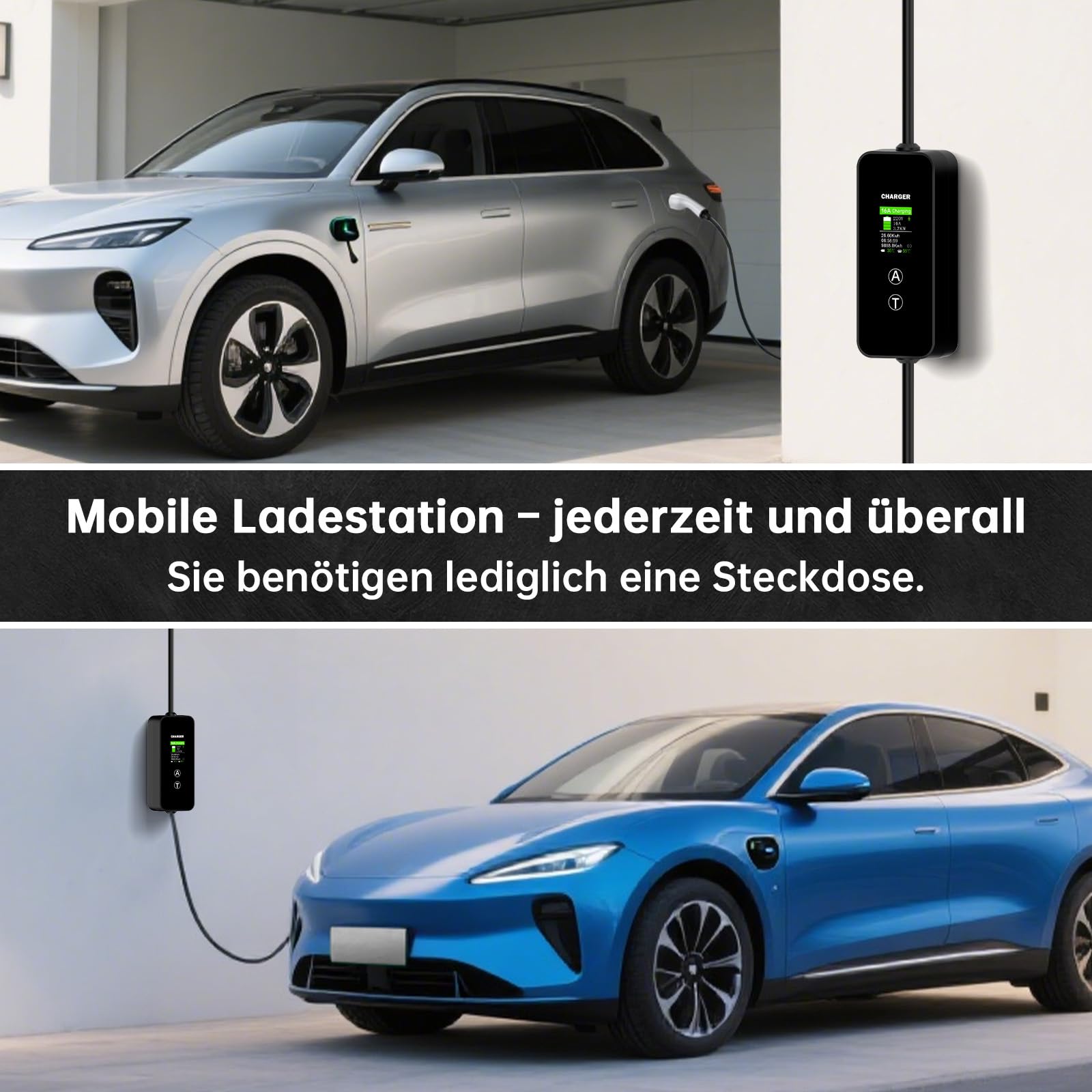 Ladekabel Typ 2 3,7kW [6m, 8-16A] EV Charger mit Steuerbarer Digitalanzeige und Mehreren Schutz，Stromstärke/Ladeleistung Einstellbar 8|10|13|16A, Tragbares EV Ladegerät für PHEV/EV Elektroautos