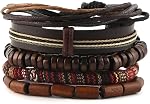 HZMAN Mix 5 Wrap Bracelets Men Women Hemp Cords Wood Beads Ethnic Tribal Bracelets Leather Wristbands
