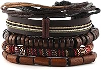 HZMAN Hemp Cord Wrap Bracelets for Men Women - Adjustable Leather Wood Bead Ethnic Tribal Cuff Wristband
