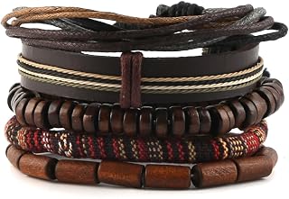 HZMAN Hemp Cord Wrap Bracelets for Men Women - Adjustable Leather Wood Bead Ethnic Tribal Cuff Wristband