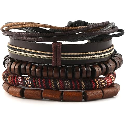 HZMAN Wrap Bracelets Men Women, Hemp Cords Wood Beads Ethnic Tribal Bracelets, Leather Wristbands