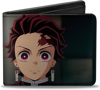 Demon Slayer Wallet, Bifold, Demon Slayer Tanjiro Kamado Pose and Title Logo Reds, Vegan Leather