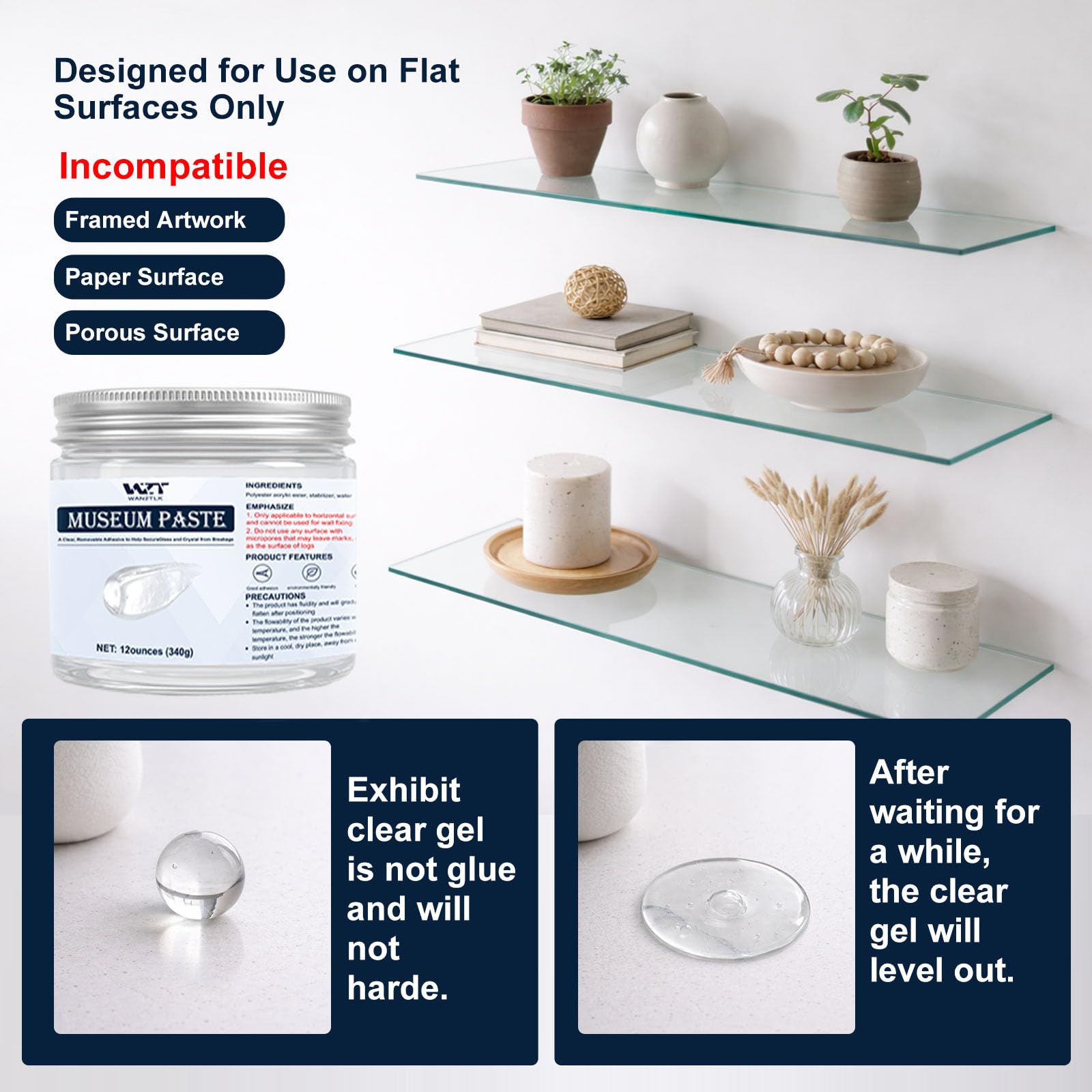 Clear Museum Gel 340 g, pate a fixe amovible pour collections de musées, museum putty réutilisable, pour la protection des objets fragiles, antiquités, verre et céramique.