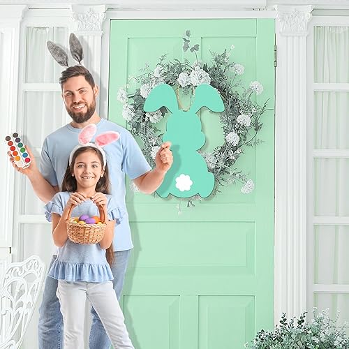 Miniatura 2 de Letrero de madera de conejo de Pascua para puerta con cuerda, decoración de Pascua, colgador de puerta de conejo, colgante de pared de Pascua,