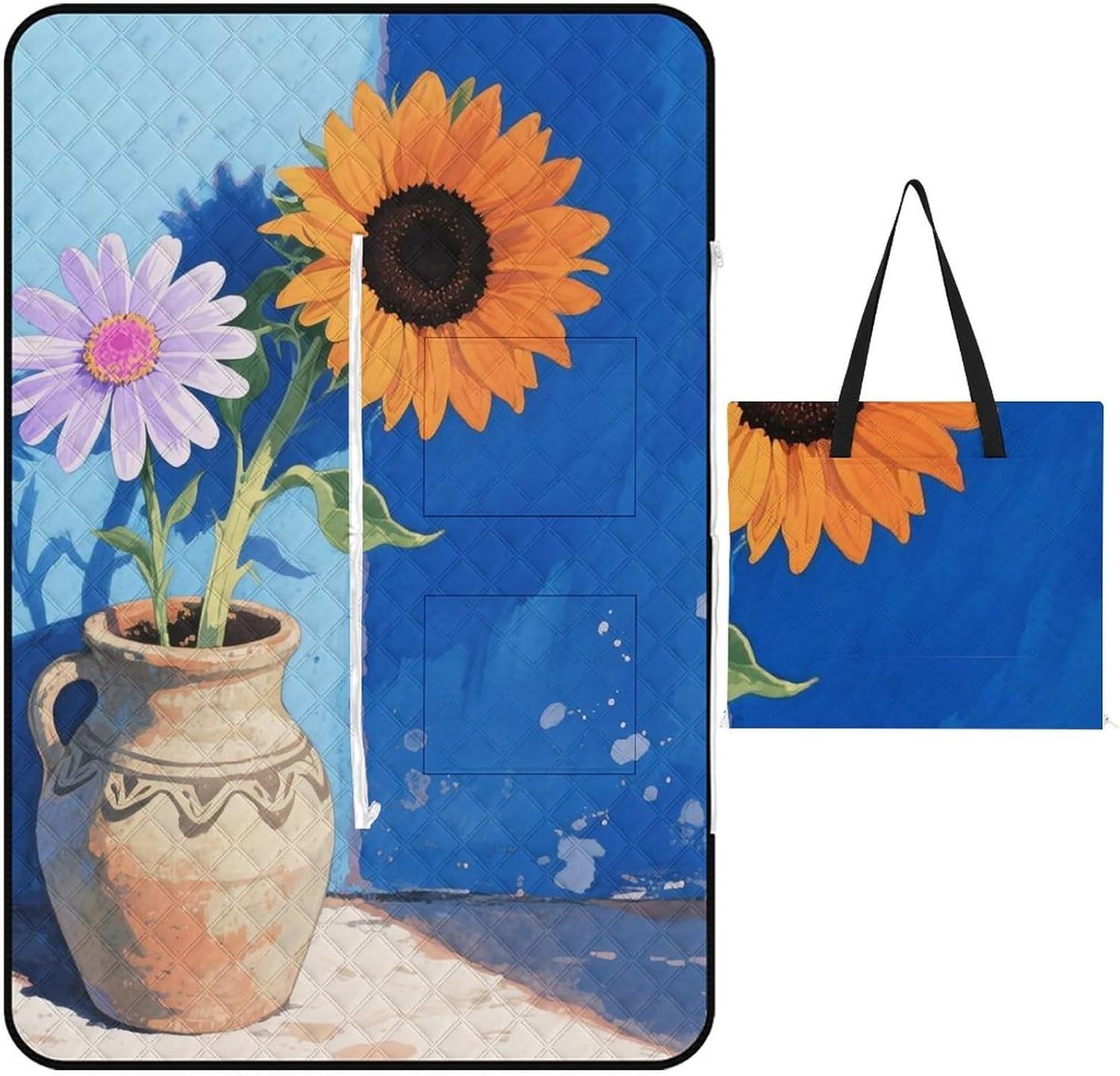 Daisy Sunflower Picnic Blanket 200x200cm, Foldable 2-in-1 Picnic Mat and Tote Bag Portable Waterproof Beach Mat Sandproof Outdoor Blanket for Park, Hiking, Beach, Camping, Travel
