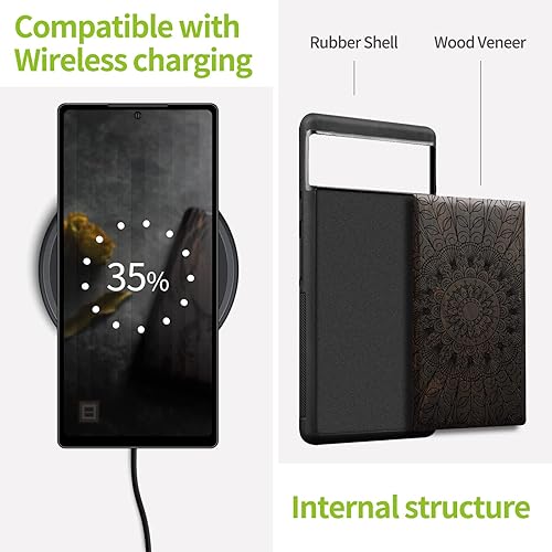 Miniatura 5 de Carveit Funda de madera para Pixel 6a madera natural y TPU suave negro a prueba de golpes, compatible con Google Pixel 6a (patrón de encaje