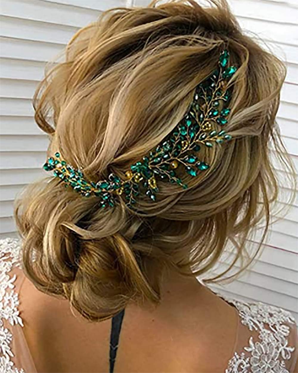 Denifery Pieza de pelo verde de esmeralda para boda, joyería de oro para novia, accesorios para