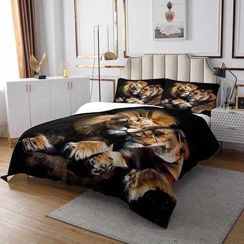 Miniatura 3 de Homewish Juego de colcha de 3 piezas con estampado de león en 3D de pareja de leones para niños, adolescentes, con temática de animales salvajes,