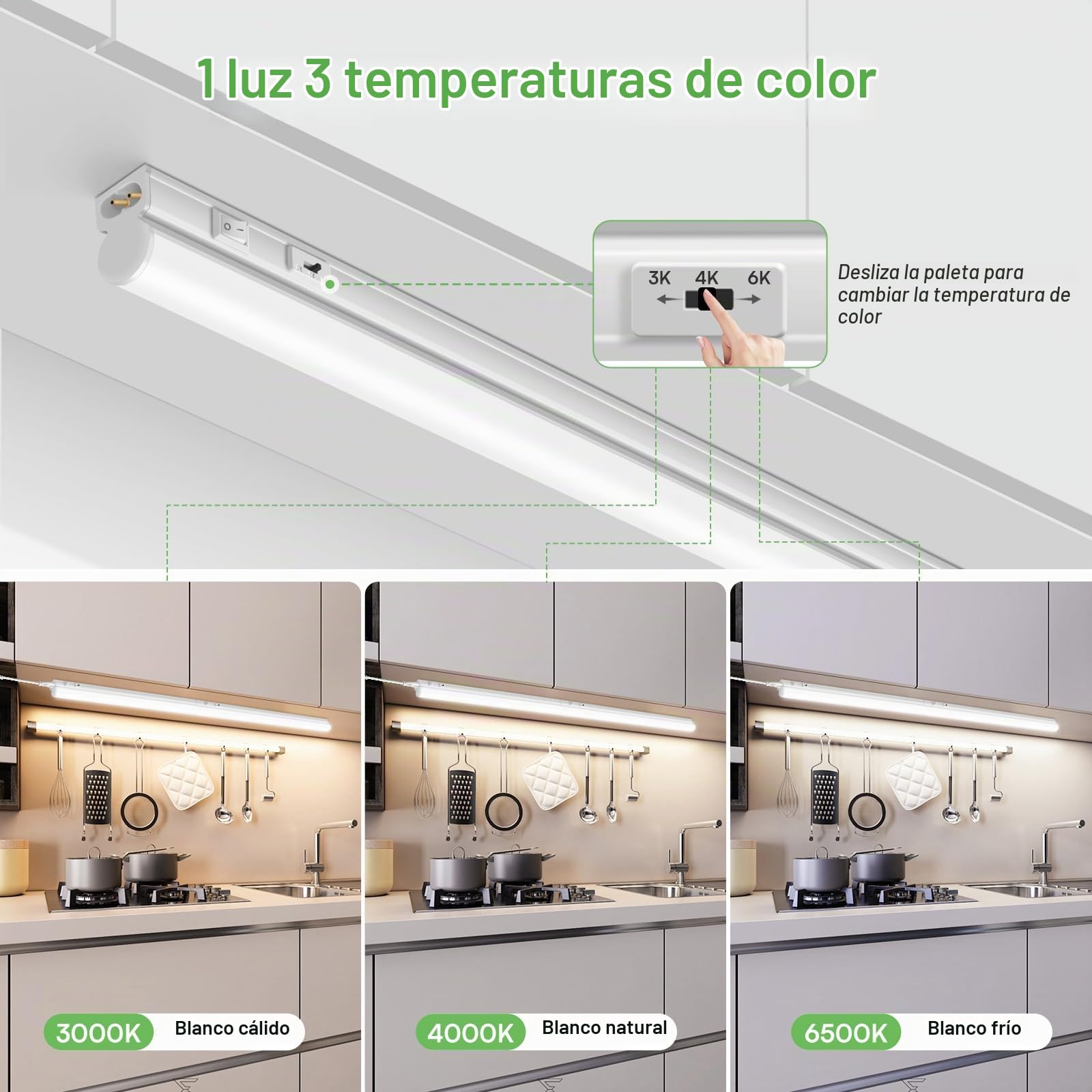 ALUSSO Barras de Luz LED para Cocina 8W 800lm, 3CCT 3000K 4000K 6500K, Iluminación Bajo Mueble con Interruptor y Cable, Barra LED 58cm 230V, Luz Bajo Armario Blanca Pack de 2