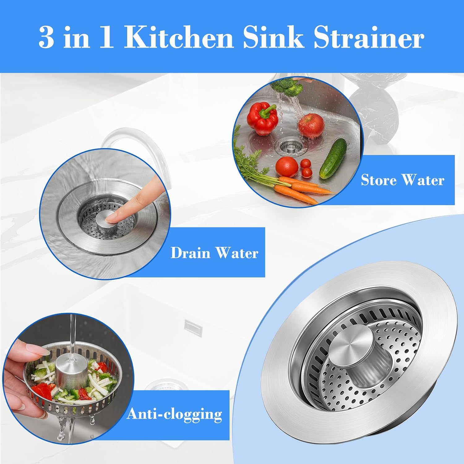 Upgraded 3-in-1 Kitchen Sink Drain Strainer with Solid Brass Core, Fast-Drain Pop-Up Sink Stopper, 304 Stainless Steel, Removable Anti-Clog Basket, for US Standard 3-1/2'' Drains (2 Pack)
