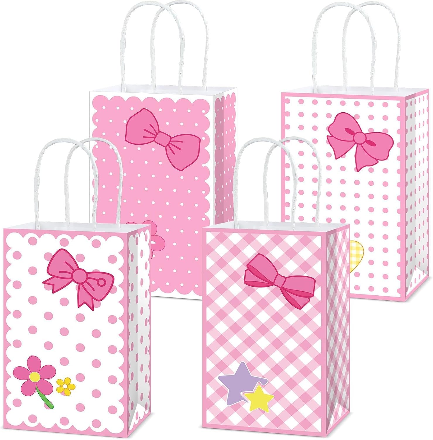 Justforjoyful 12Pcs Pink Gift Bags Cartoon Cute Party Favors Print Bow Candy Treat Candy Bags with Handles Bow Tie Flower Party Paper Bag for Baby Shower Birthday Decorations Supplies
