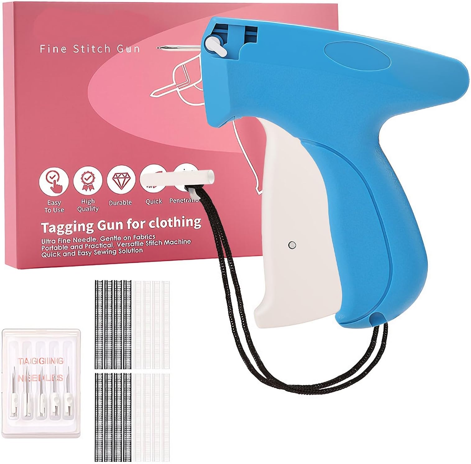 Stitch Gun for Clothes, Micro Stitch Gun Kit with 5 Needle, 1000 Black & 1000 White Fasteners, Quick Clothing Fixer for Tagging, Sewing, Repairing Pants, Bags, Portable Handheld No-Sew Tool (Blue)