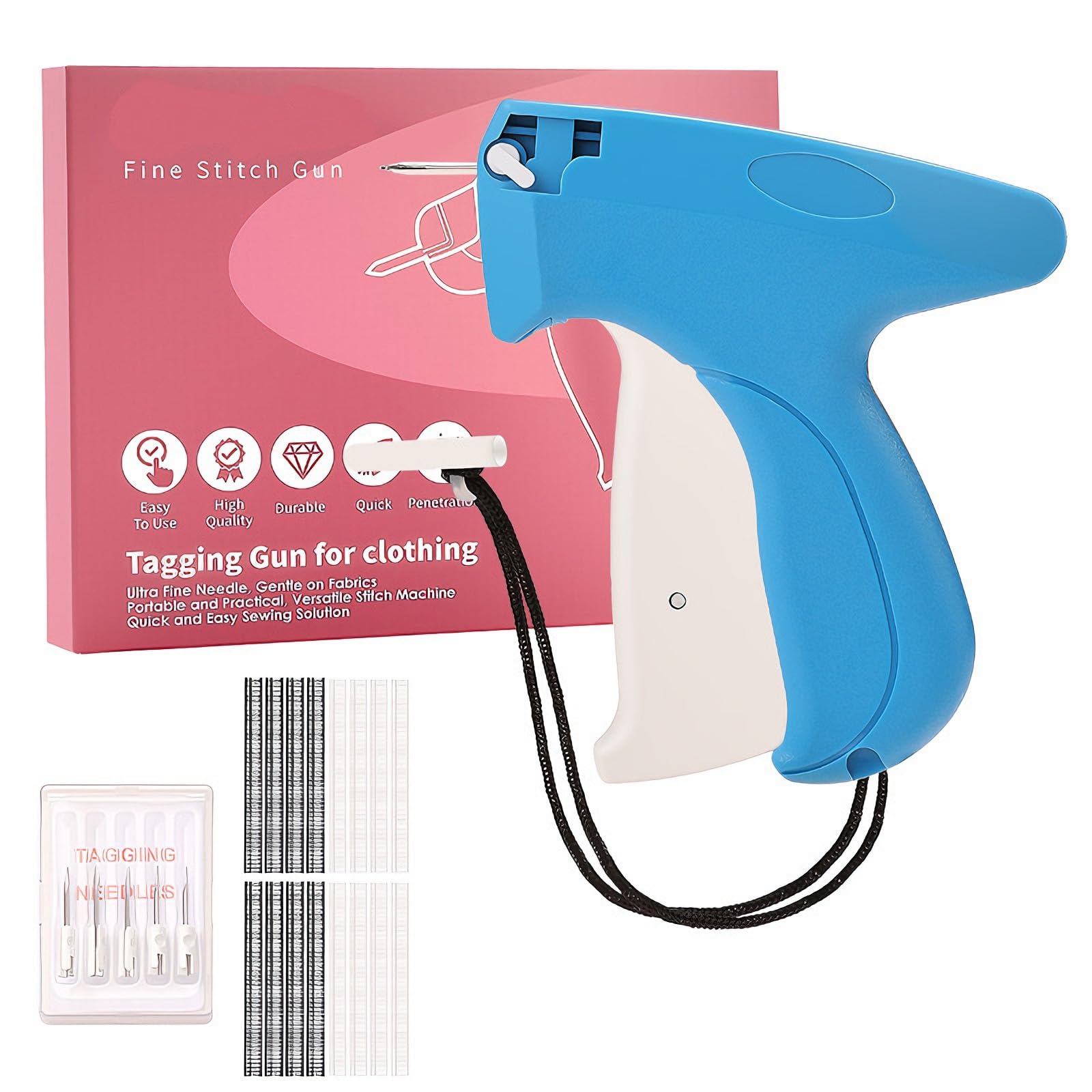 Stitch Gun for Clothes, Micro Stitch Gun Kit with 5 Needle, 1000 Black & 1000 White Fasteners, Quick Clothing Fixer for Tagging, Sewing, Repairing Pants, Bags, Portable Handheld No-Sew Tool (Blue)