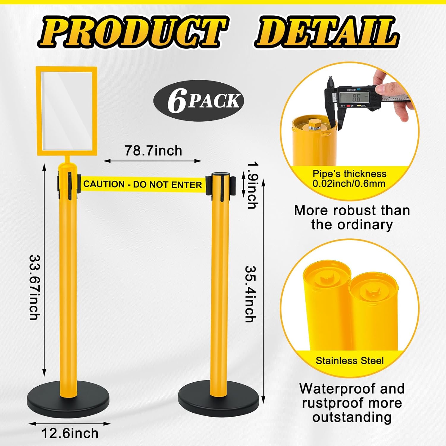 therwen 6 pack heavy duty crowd control stanchions 9.8 ft stainless steel stanchion set with 6 safety barrier post retractable belt and 1 sign holder crowd control barrier(caution belt,yellow) caution belt yellow 6