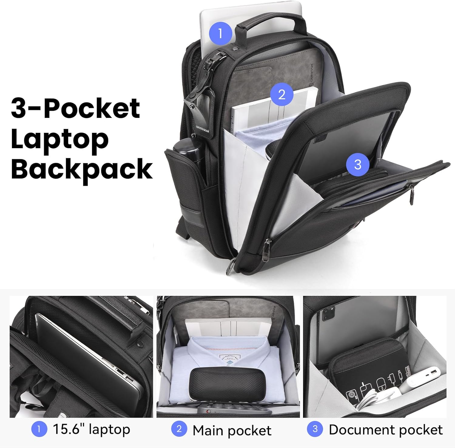 CROSSGEAR Business Laptop Backpack for Men Women, 20L Large Bookbag Travel TSA Approved Carry on Backpack Waterproof Casual Daypack 15.6" Professional Computer Bag with Thicker Compartments, Black - Image 3