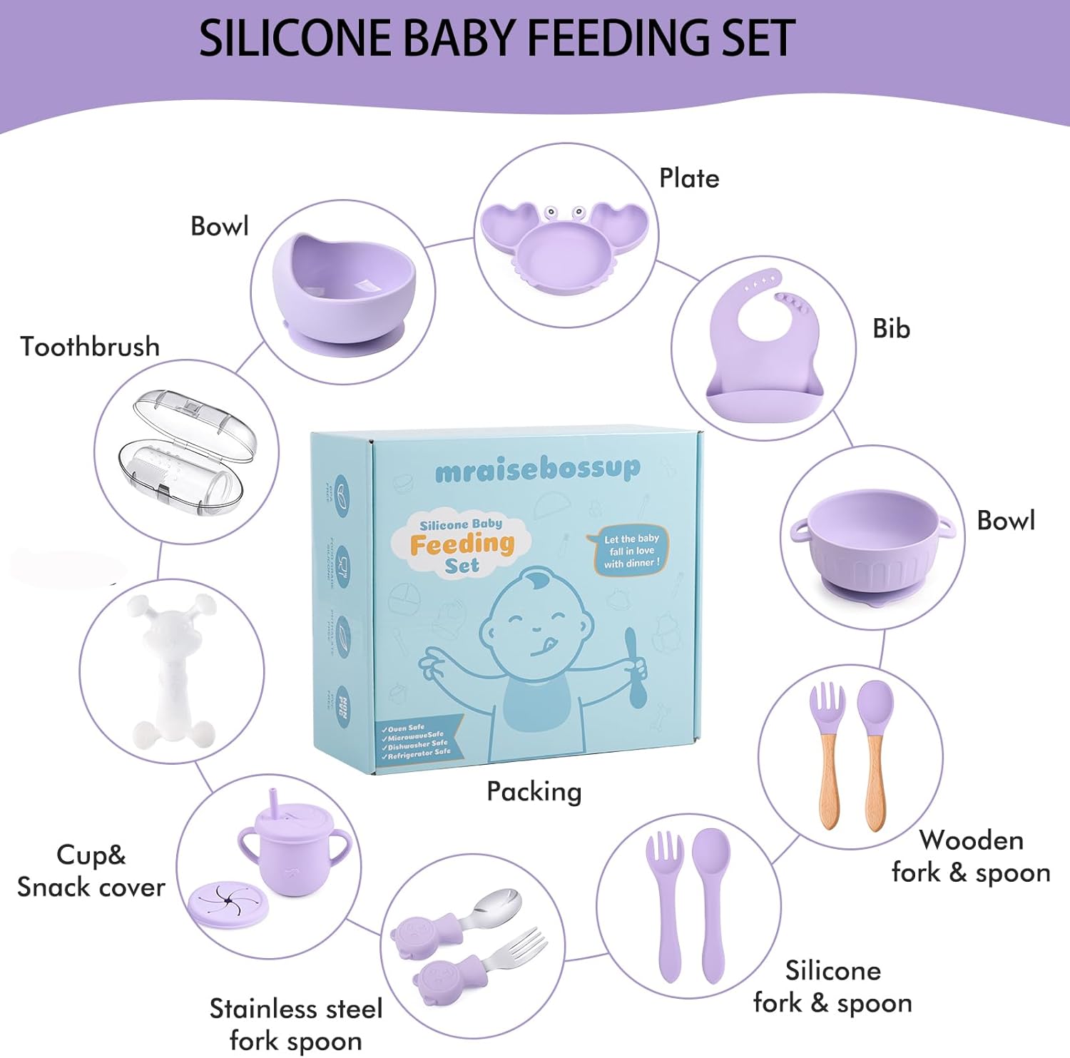 Silicone Baby Feeding Set 15 Pcs，Baby Spoons Suction Bowl Divided Plate Bib Cup Finger Brush Training cups,Baby Led Weaning Supplies,Baby Plates，Toddler Feeding Plates and Bowls Set（purple）