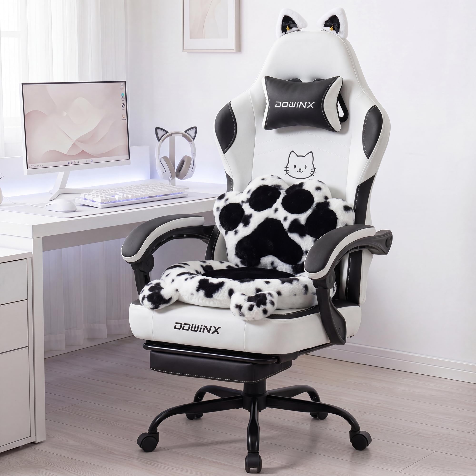 Amazon.co.jp: Dowinx 猫耳ゲーミングチェア 肉球クッション ねこ顔