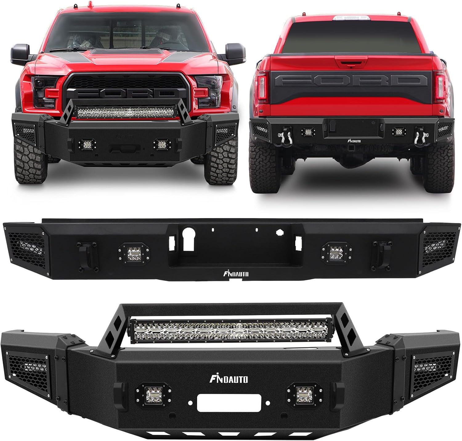 FINDAUTO Front Bumper & Rear Bumper Combo Fit for 2018-2020 for Ford for F-150 Upgraded Textured Black Rock Crawler Bumper with Winch Plate & LED Light and D-Rings