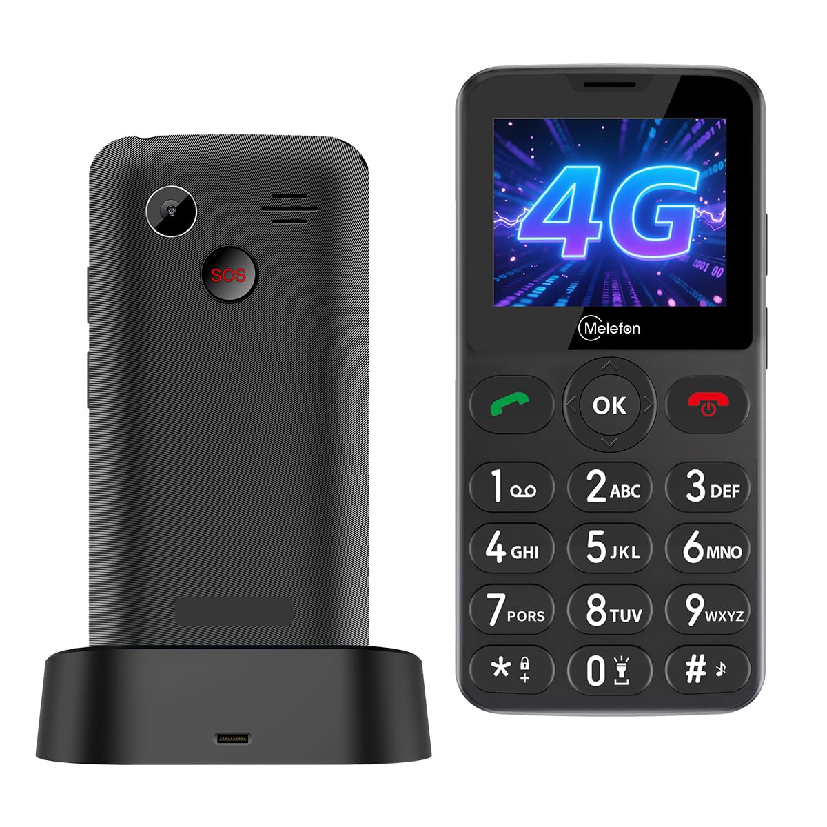 Telefono 4G per Anziani Sbloccato,Tasti Grandi,SOS,Base di Ricarica USB-C | Cellulare semplice per genitori anziani,senza contratto,chiamata rapida,caratteri grandi,audio potente,torcia LED,Bluetooth
