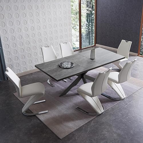 Miniatura 23 de ZckyCine Juego de mesa de comedor extensible de 6 piezas, moderna mesa de madera gris de 63 a 79 pulgadas con 6 sillas de tela gris, mesa de comedor