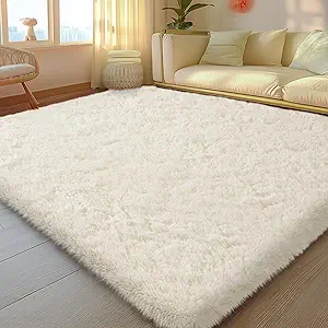 5x7 Rugs for Living Room, Large Fluffy Cream White Area Rugs for Bedroom, Soft Carpet Shag Kids Rug with 4 Non-Slip Rug Pads (5ft x 7ft, Cream White)