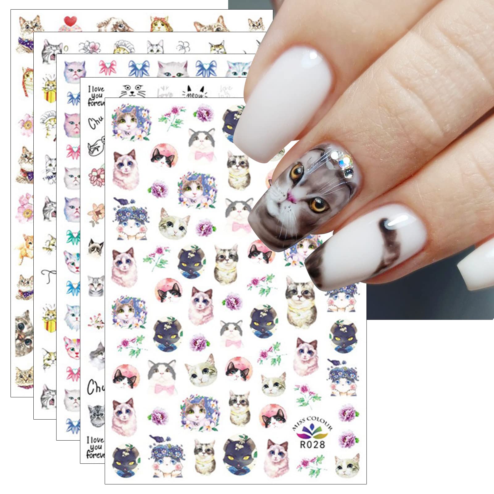 JMEOWIO 8 Sheets Animal Cat Nail Art Stickers Decals Self-Adhesive Cute Nail Supplies Nail Art Design Decoration Accessories