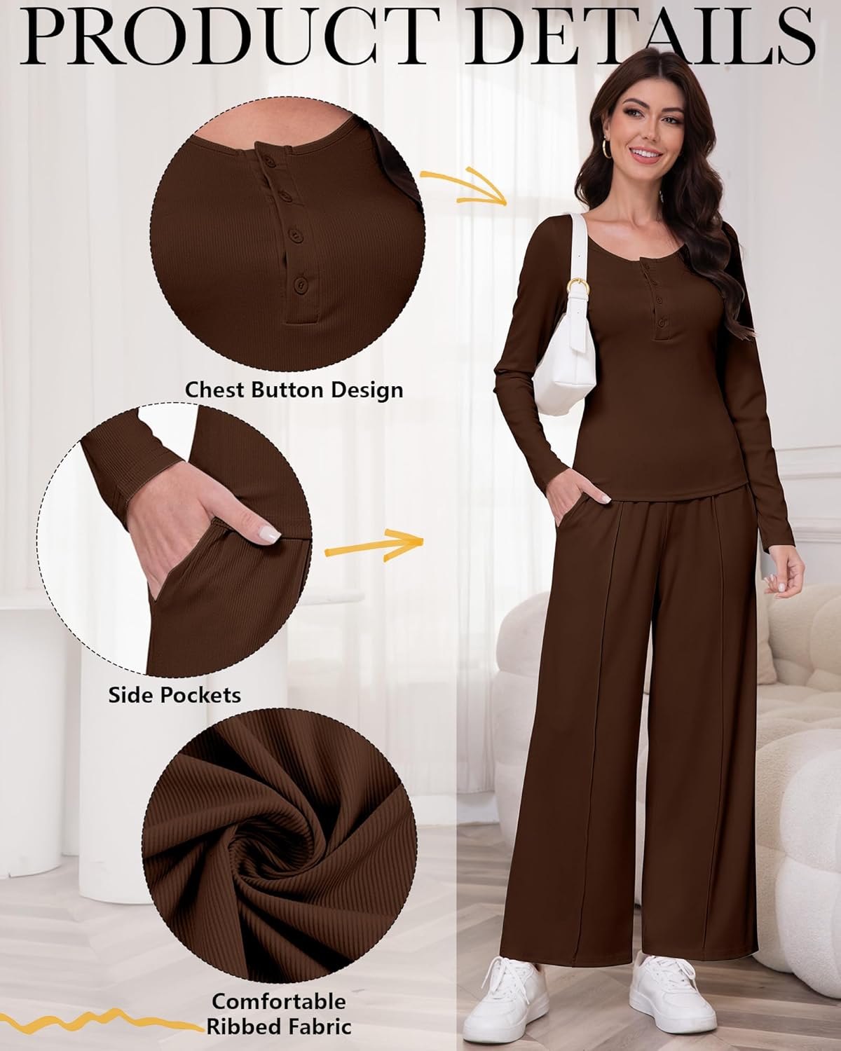 Women's 2 Piece Lounge Set 2025 Fall Travel Outfits Knit Long Sleeve Top Henley Shirt Wide Leg Pants Airport Clothes - Image 3