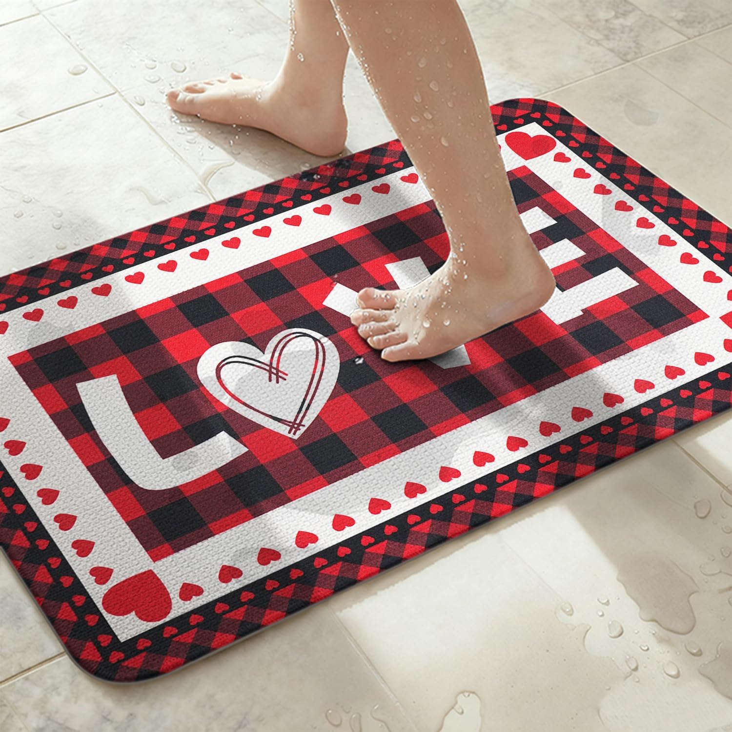 Valentine's Day Bath Mats for Bathroom 17x27 Inch Non-Slip Washable Valentines Love Heart Bathroom Rugs Super Absorbent Valentine Anniversary Wedding Home Decor Rug