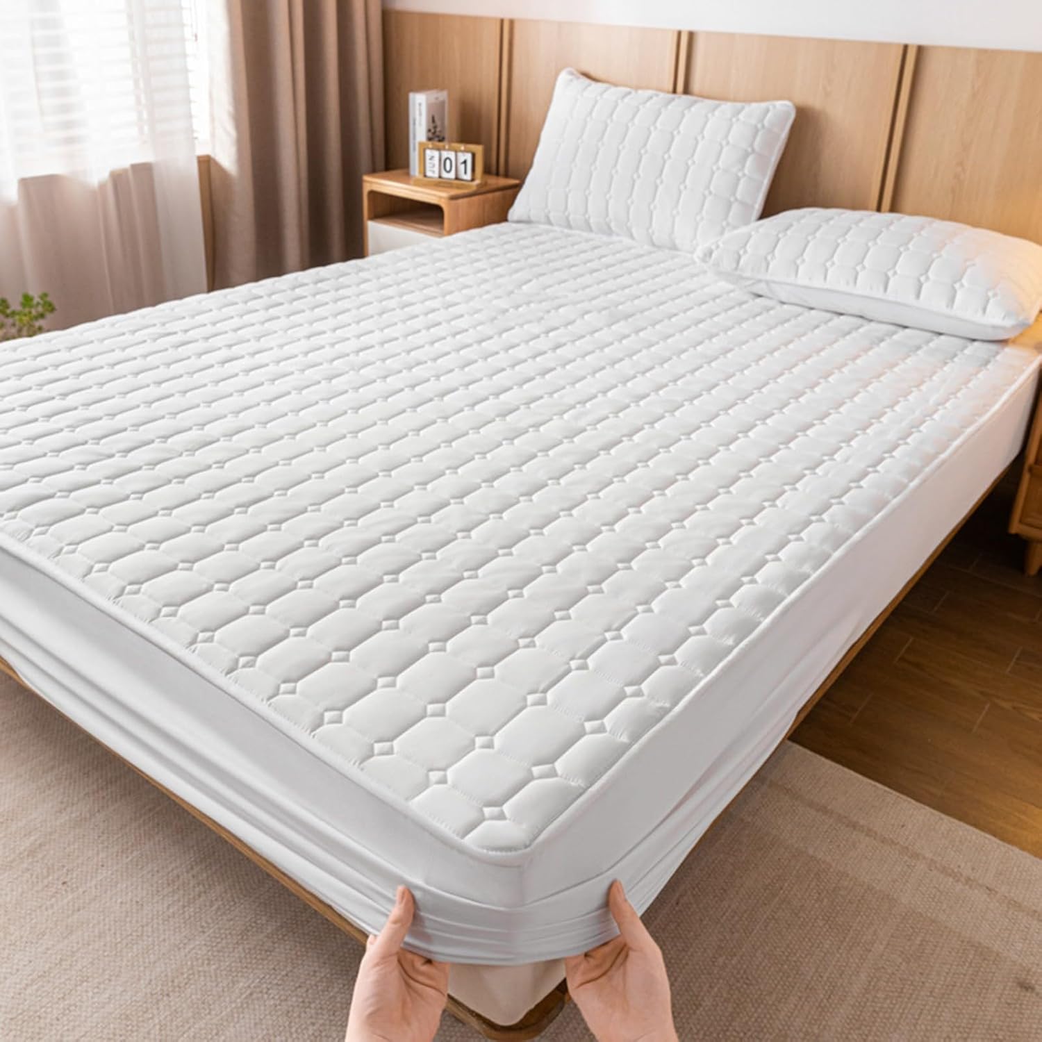 Quilted Waterproof Mattress Protector with 2 Pillowcases,Fitted Sheet Hypoallergenic Microfiber Elasticated Fitted Sheet Mattress Cover,Breathable Washable Mattress Protector(White,150x200cm)