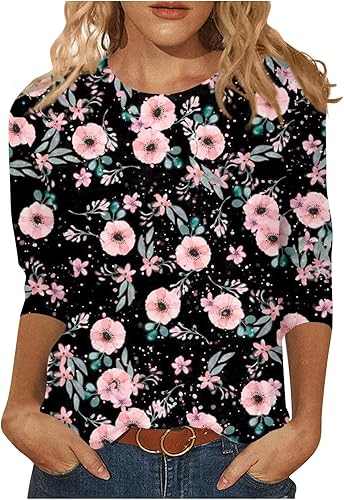 Camisetas de manga 34 para mujer, estilo casual, cuello redondo, estampado floral, camisetas básicas de moda