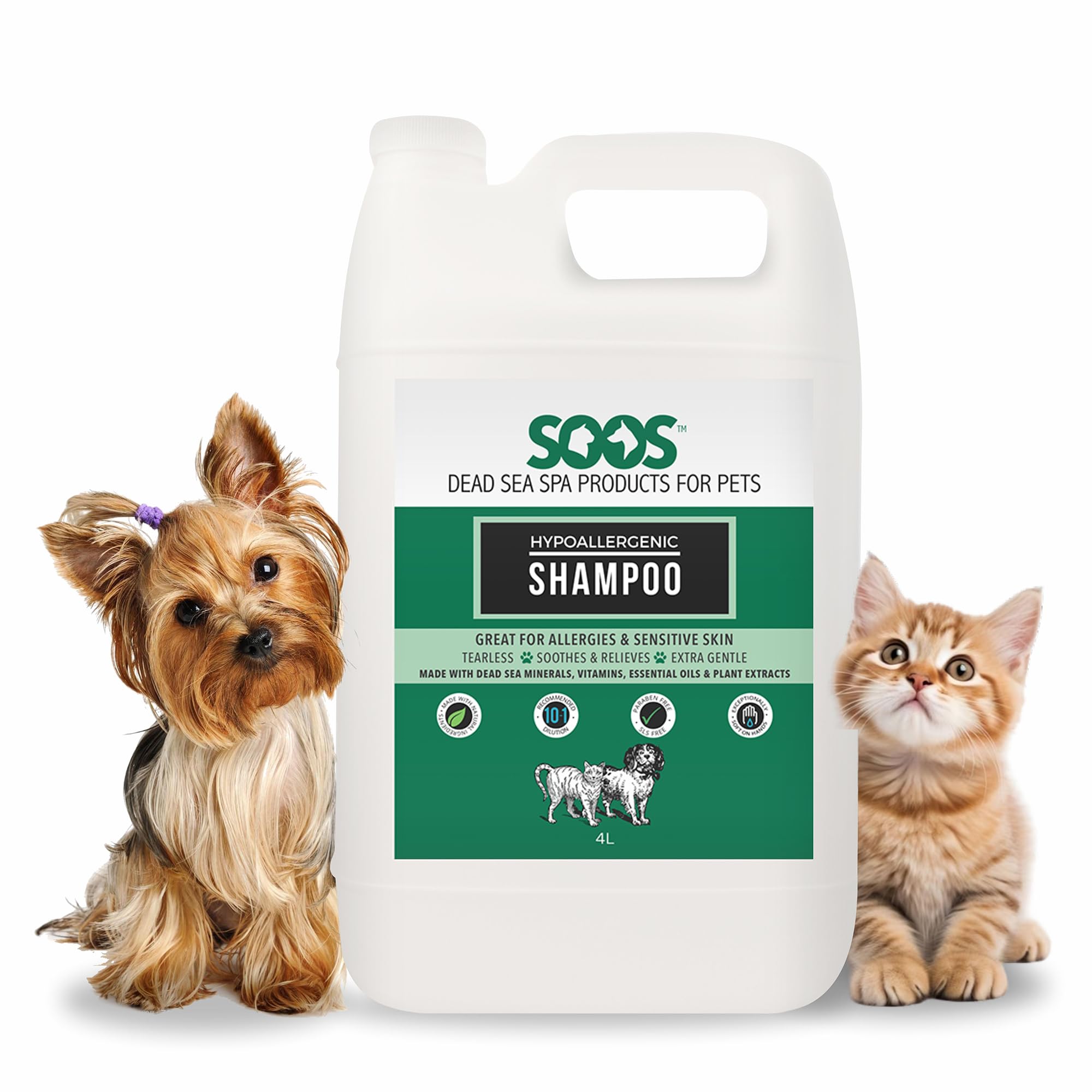 Soos Pet Shampoo Hypoaller-genic Natural Dead Sea Minerals Fast Absorbing with Vitamins Essential Oils Natural Elements for Dogs and Cats - 1x Pet Shampoo (4L)