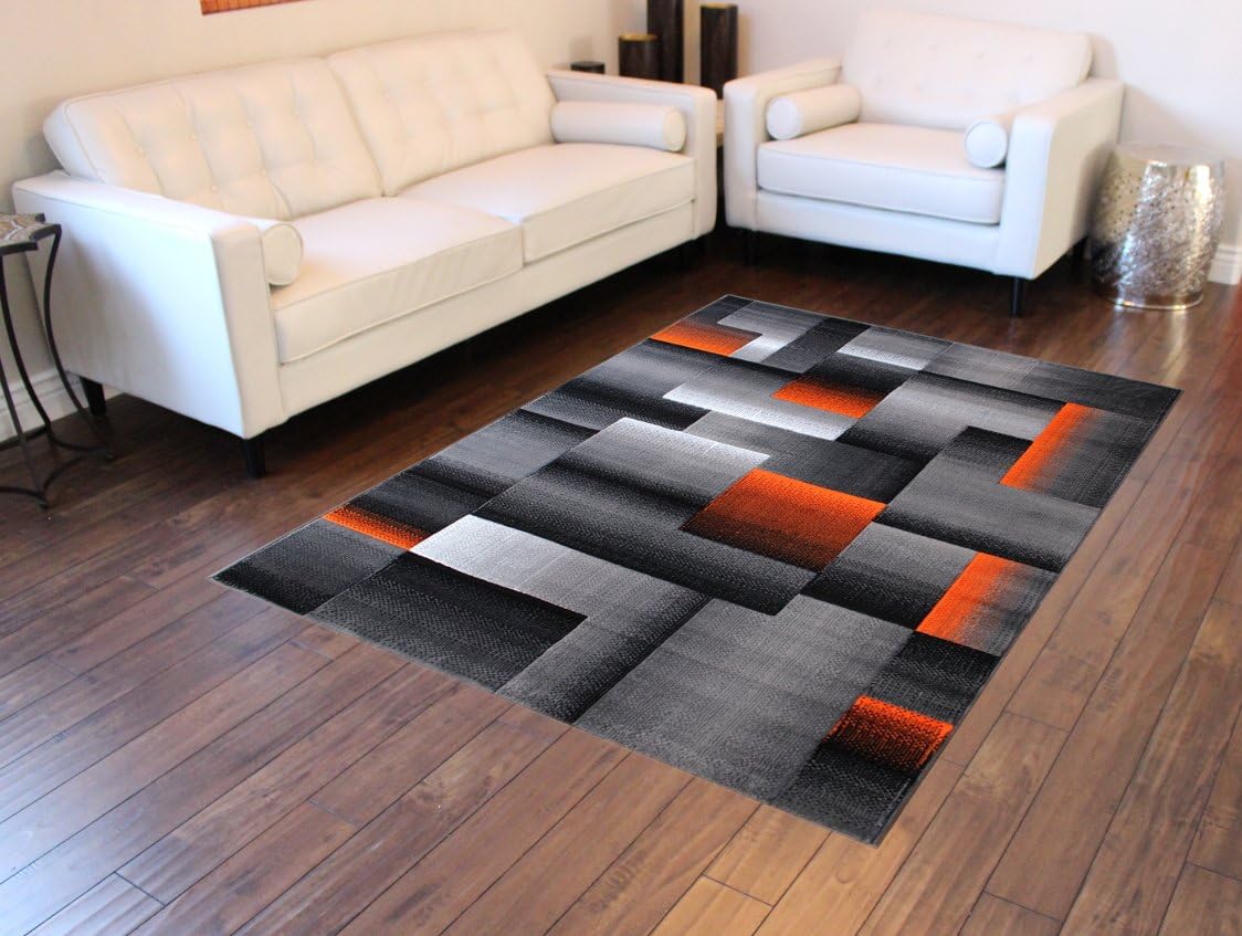 Masada Rugs, Modern Contemporary Area Rug, Orange Grey Black (5 Feet X 7 Feet)