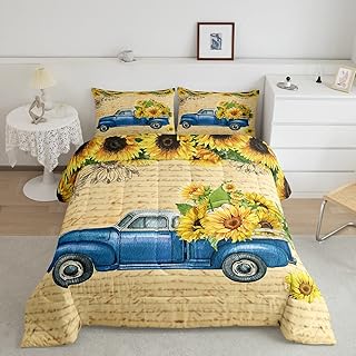 Castle Fairy Vintage Sunflowers Comforter Set Queen Size Blue Truck Pattern Bedding Set for Kids Boys Girls Bedroom Decoration Rustic Farmhouse Bed Duvet Insert Autumn Comforter with 2 Pillowcase